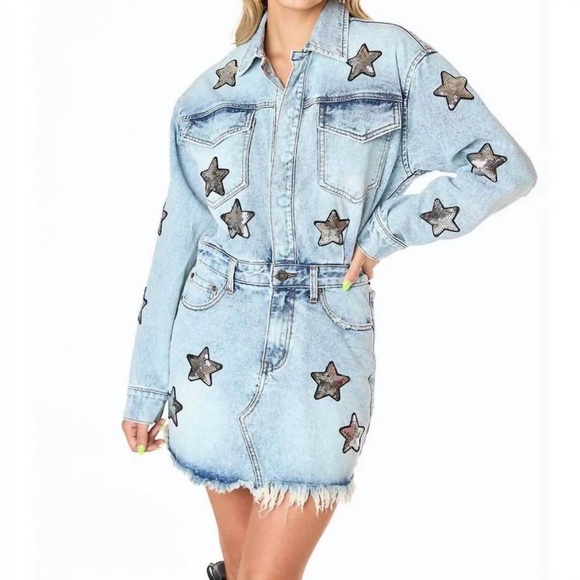 New Buddy Love Denim Dress. Raelynn style with Sequin stars, Mini, Raw edge hem - Picture 3 of 14